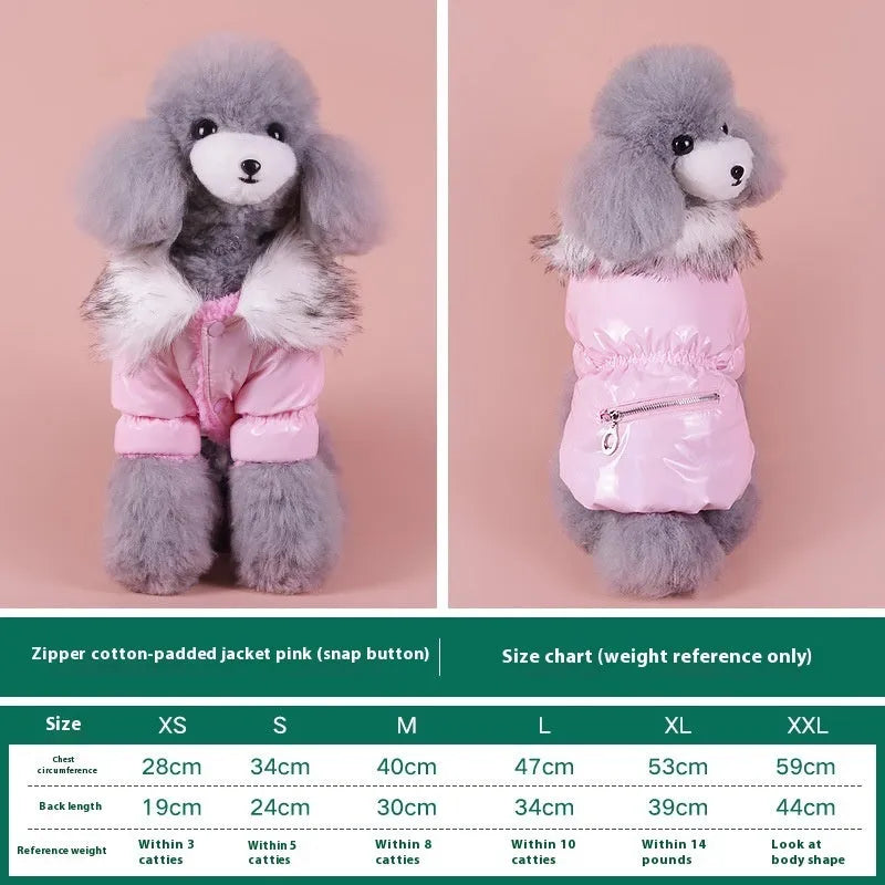 British style blue cotton dog jacket with winter padding shown on a model dog