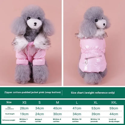 British style blue cotton dog jacket with winter padding shown on a model dog