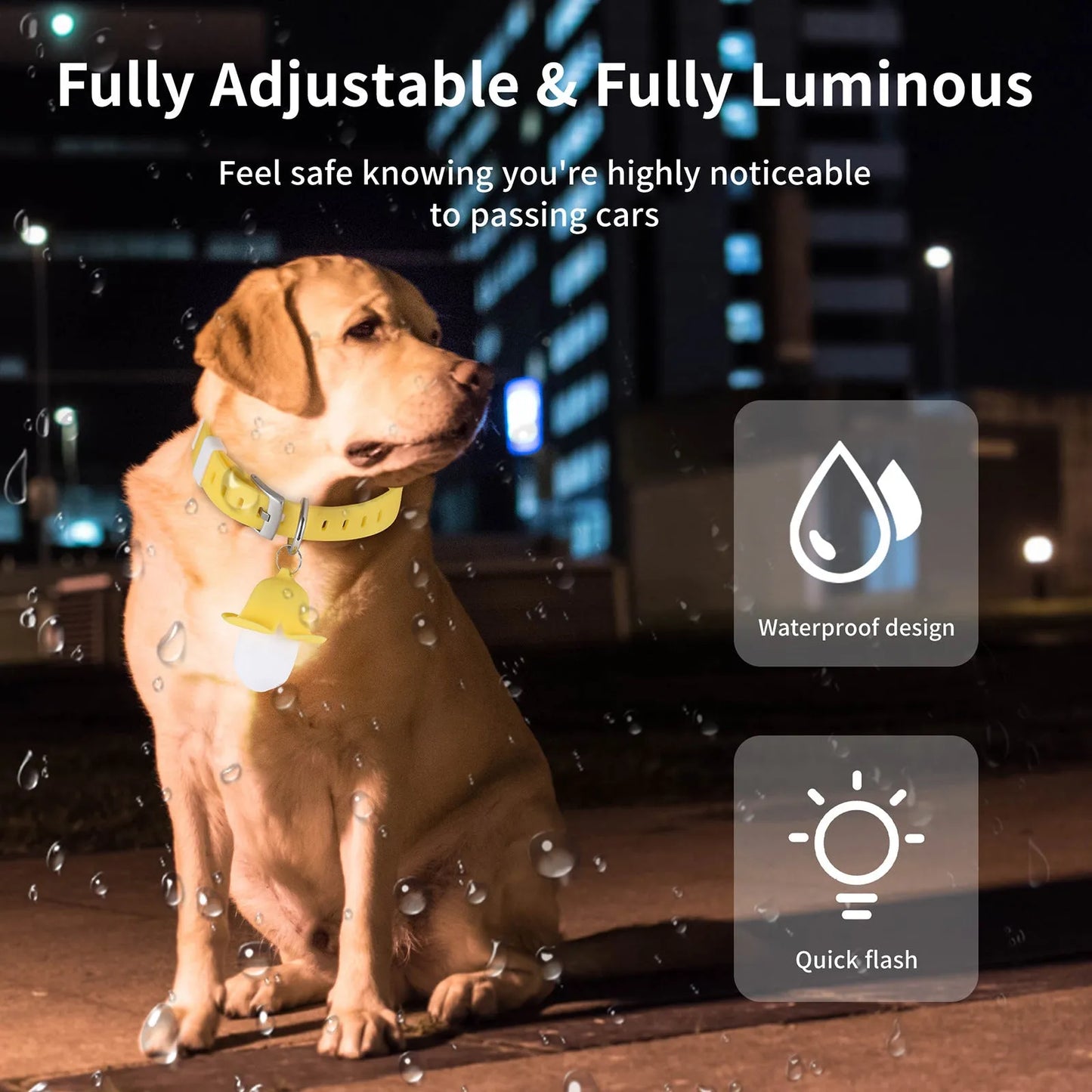 Yellow banana-shaped dog collar light with geometric patterns, USB rechargeable with luminous and sounding functions
