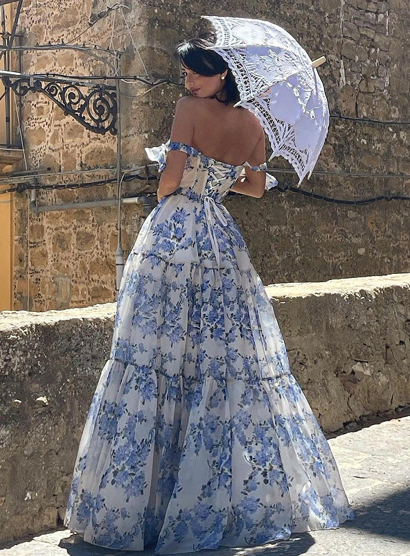 Floral off-the-shoulder organza dress with lace-up detail in a stunning blue hue