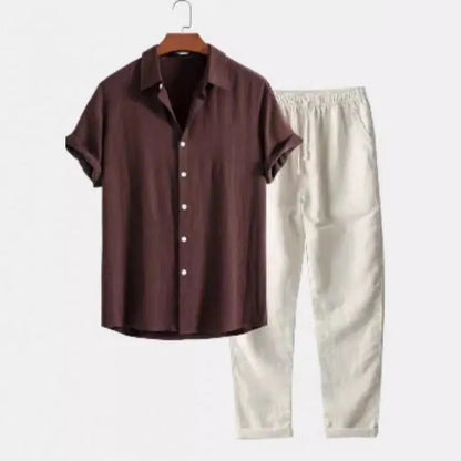 Men's casual loose fit short sleeve shirt and trousers suit in linen-look polyester fabric, available in multiple colours