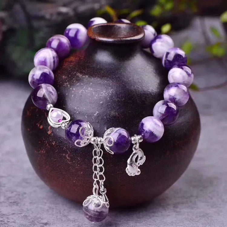 Amethyst bracelet with 10mm round violet beads on elastic string