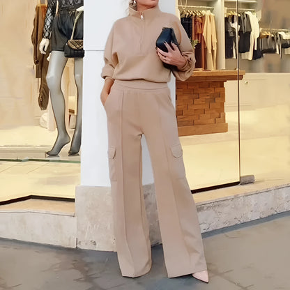 Women's light camel polyester two-piece work set with lapel top and wide-leg trousers