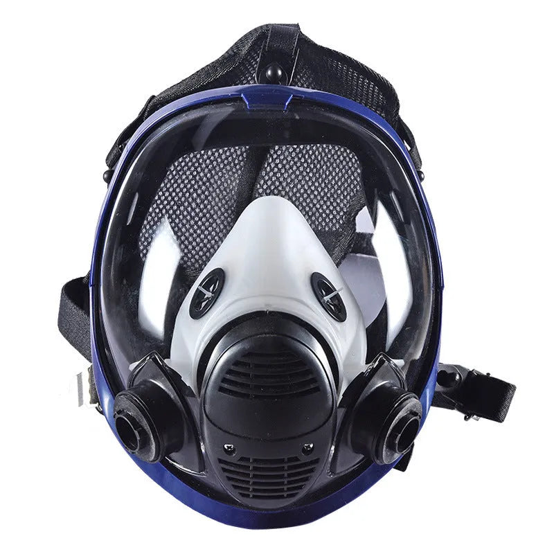Blue edge spherical full face gas mask with trapezoidal canister and activated carbon filtration system