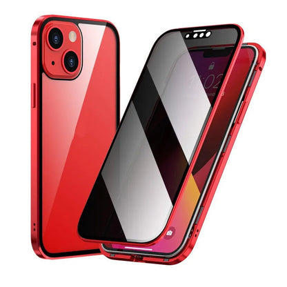 Black magnetic metal iPhone case with a privacy screen protector, shown on an iPhone 15 Pro.