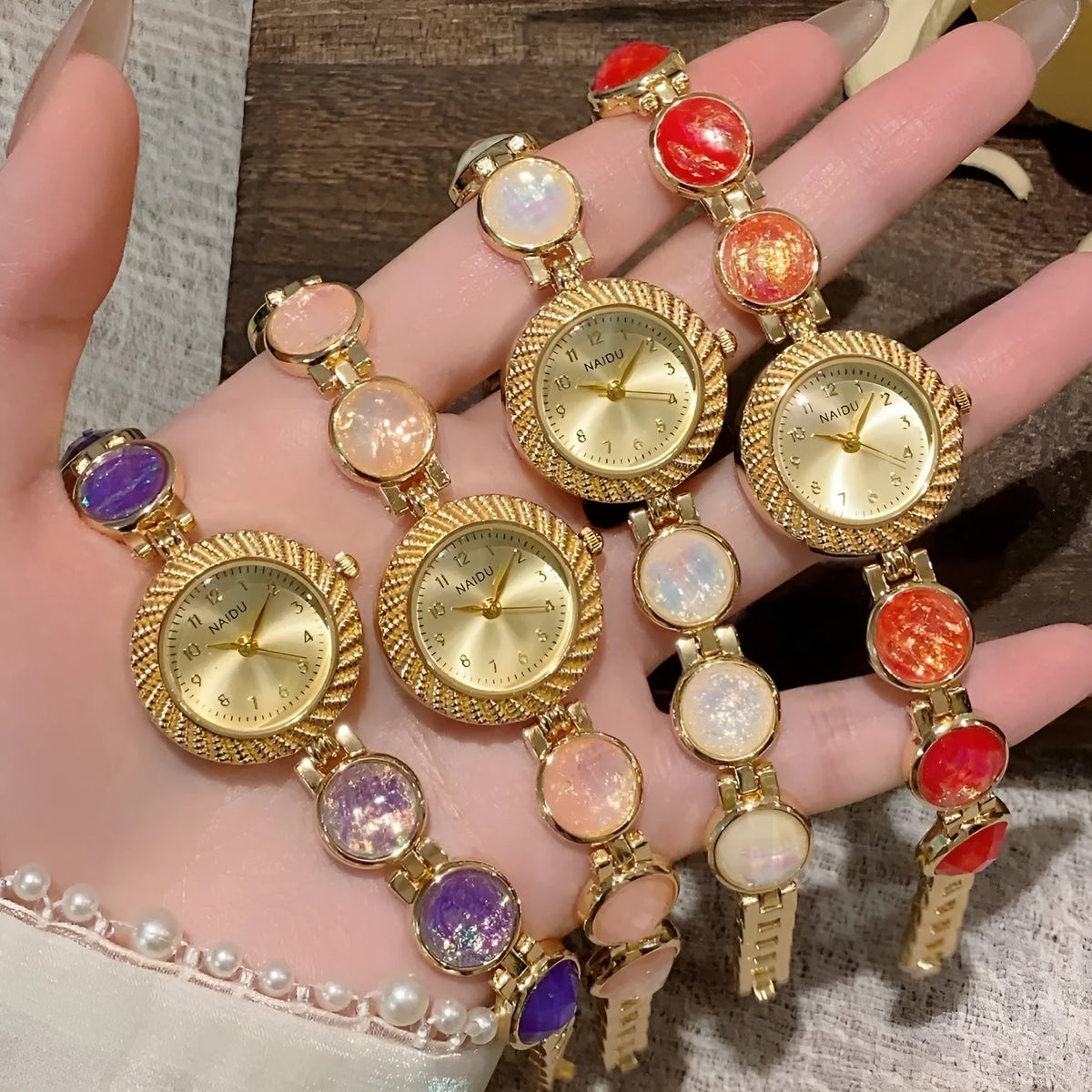 Women's quartz watch with 25mm round dial in a choice of six colours including Milky White, Dark Green, and Cherry Pink.
