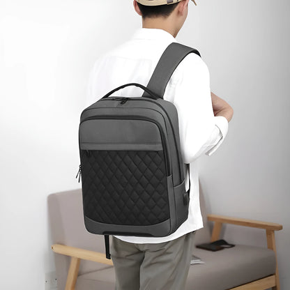 Men's Oxford cloth travel backpack with curved shoulder straps and diamond mesh panels in black colour