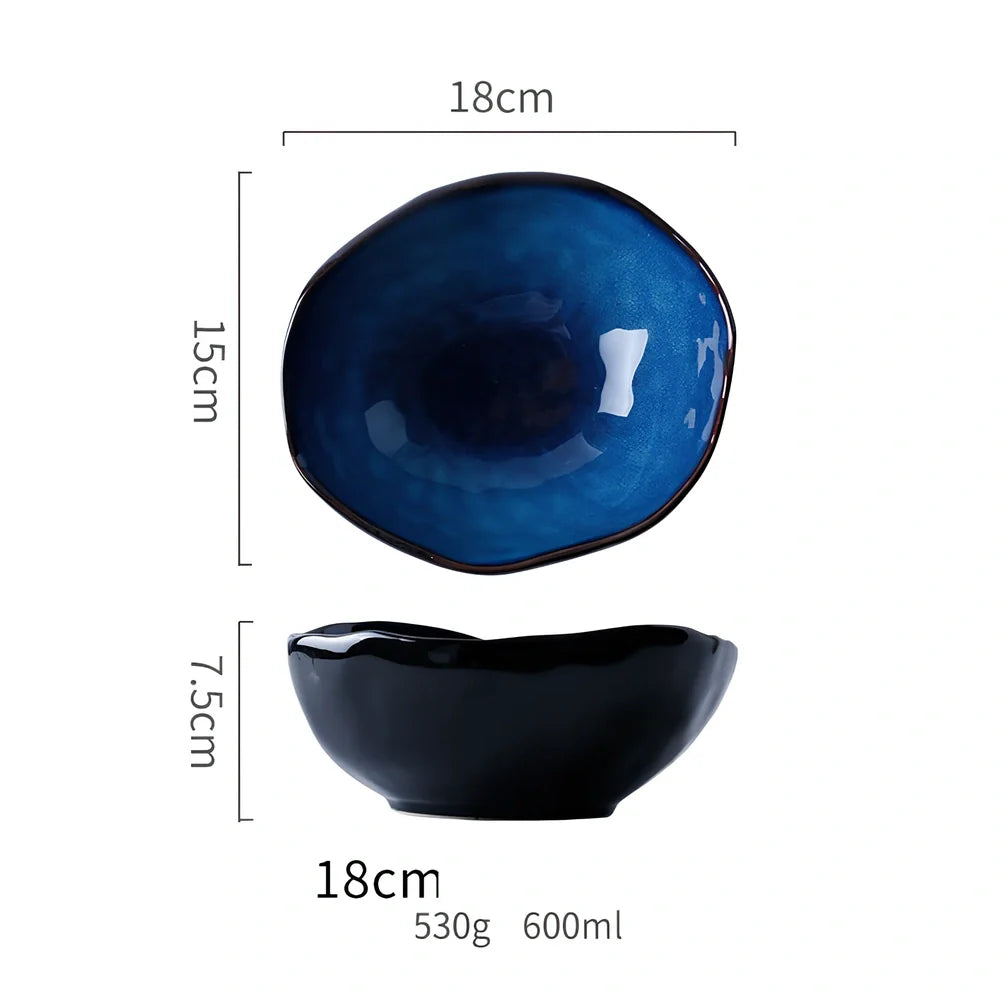 Deep blue irregular ceramic flat plate, 20.5cm diameter with kiln glaze, smooth surface for easy cleaning
