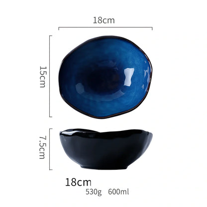 Deep blue irregular ceramic flat plate, 20.5cm diameter with kiln glaze, smooth surface for easy cleaning