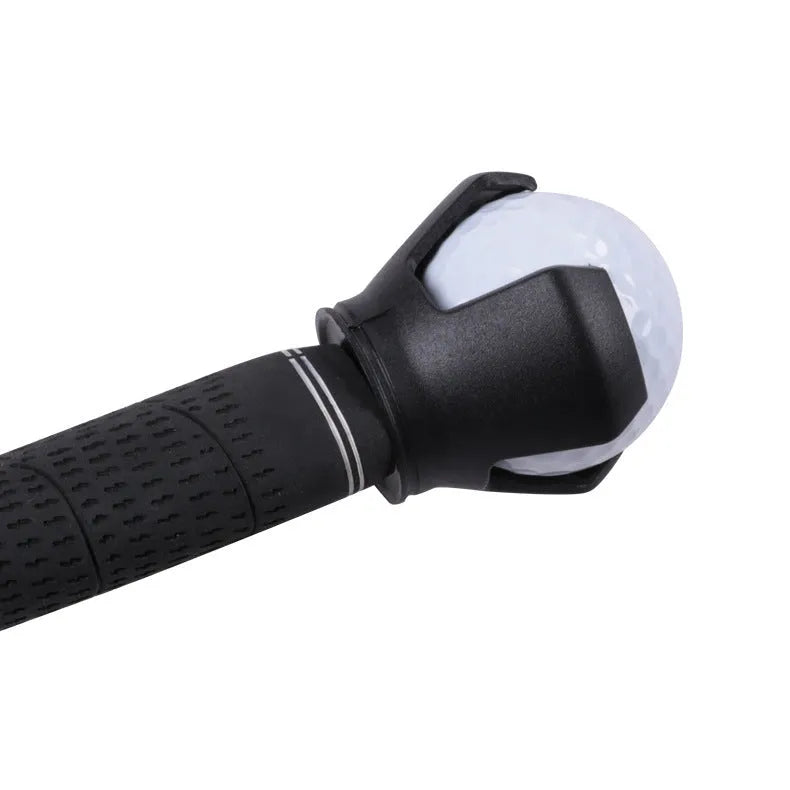 Black golf ball picking device clip shown on a golf bag strap.