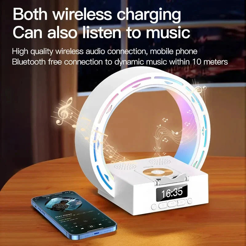4-in-1 Wireless Bluetooth Speaker with charging pad and bedside lamp in white and black options