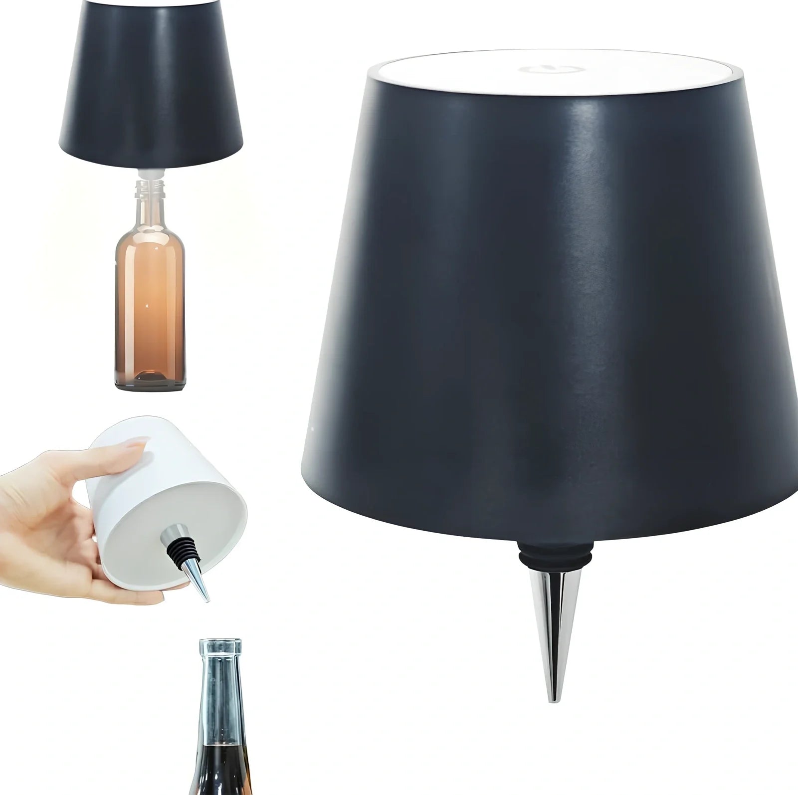 White and black LED wine bottle table lamps with USB charging and dimmable lighting on wooden surface
