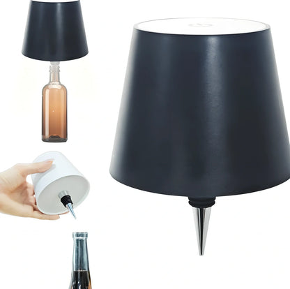 White and black LED wine bottle table lamps with USB charging and dimmable lighting on wooden surface