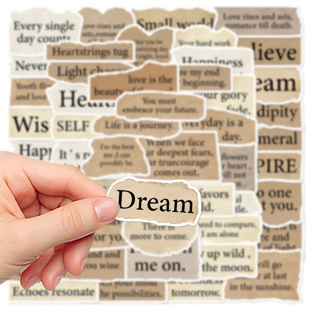 25 torn English text decorative stickers on PVC material with matte and bright film finishes, each measuring 4-7cm
