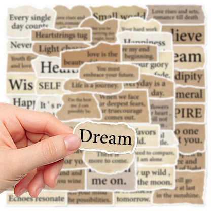 25 torn English text decorative stickers on PVC material with matte and bright film finishes, each measuring 4-7cm