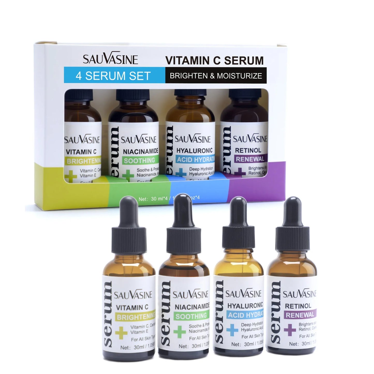Vitamin C Skin Care 4-piece Set showing four 30ml facial essence bottles