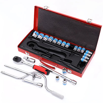 24-piece curved bow car repair wrench and socket set in storage case