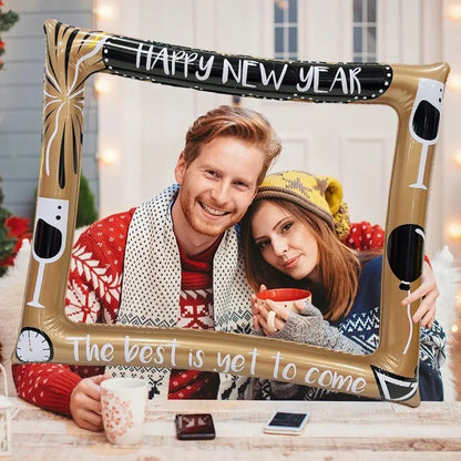 Christmas inflatable photo frame showing PVC construction with holiday designs, approximately 150cm tall for full-body photos