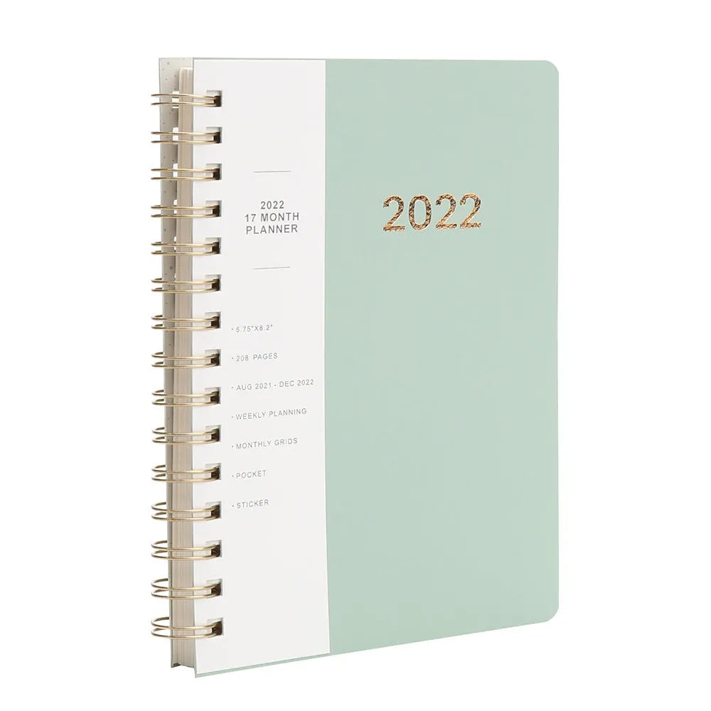 2022 week planner notebook with PU leather cover and coil binding, showing month grid pages