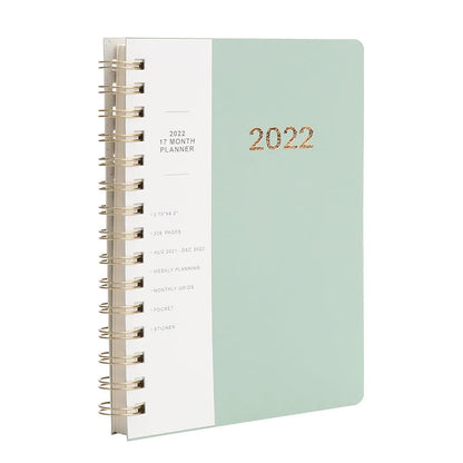 2022 week planner notebook with PU leather cover and coil binding, showing month grid pages