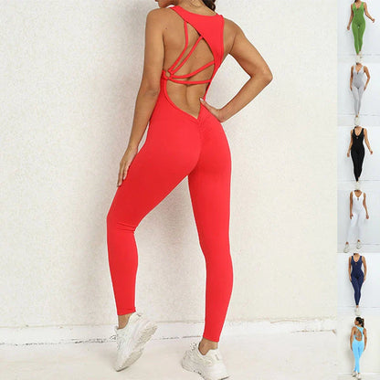 Stylish yoga jumpsuit with V-shaped back design, sleeveless silhouette, and stretch fabric for comfort and mobility
