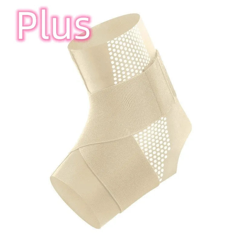 Black Lycra ankle support brace worn on an adult ankle.