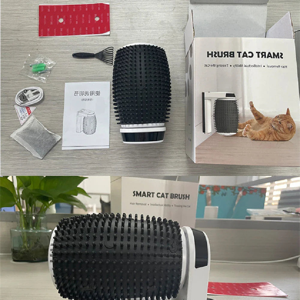 Automatic wall-mounted cat groomer with soft, gentle brushes for hands-free, self-grooming