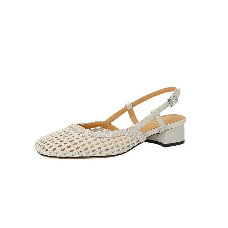 Women's beige woven hollow-out sandals with closed square toe, chunky 4cm heel, and buckle fastening on foot
