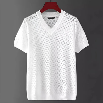 Men's ice silk t-shirt in black or white with V-neck or round neck options