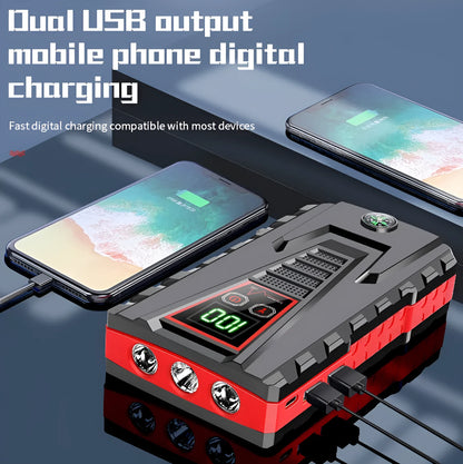 Black emergency starting power supply with 6000mAh battery, 600A starting current, and included battery clamp and USB cable.