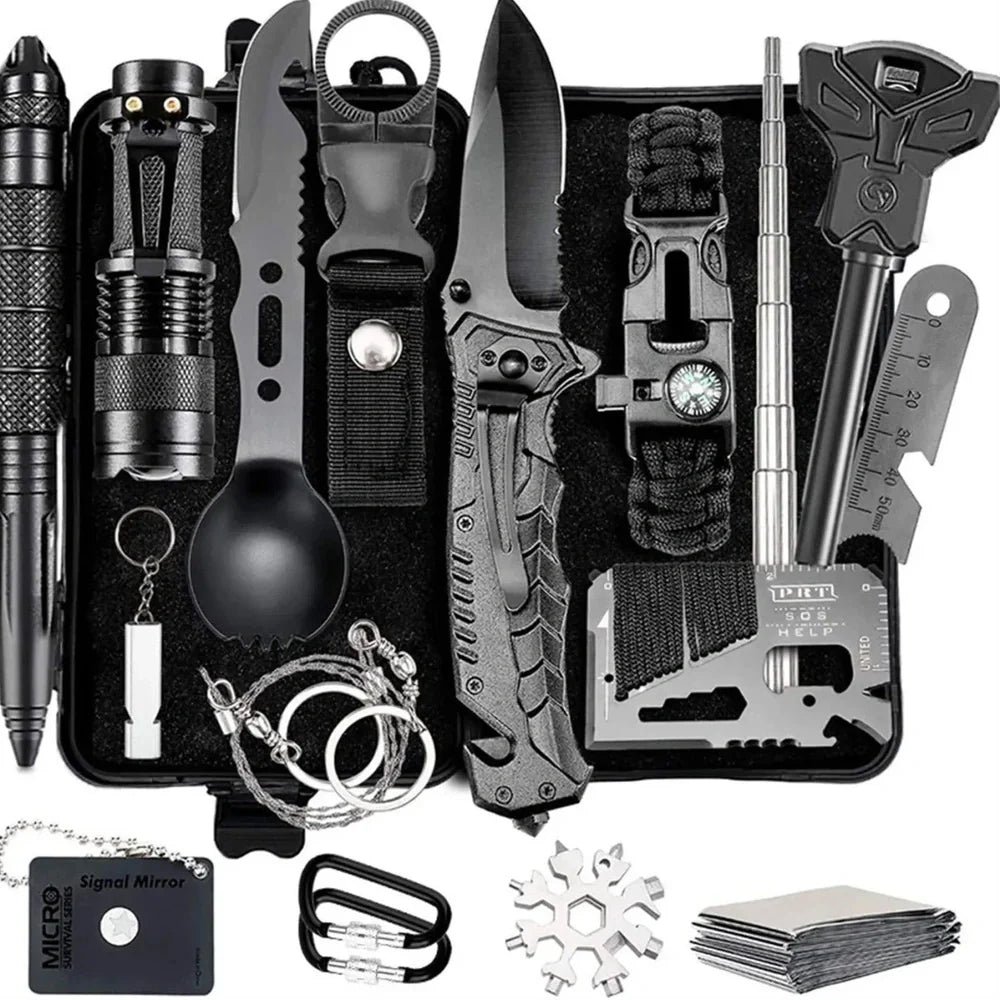 Outdoor survival kit with alloy tools and plastic components in multiple colour options