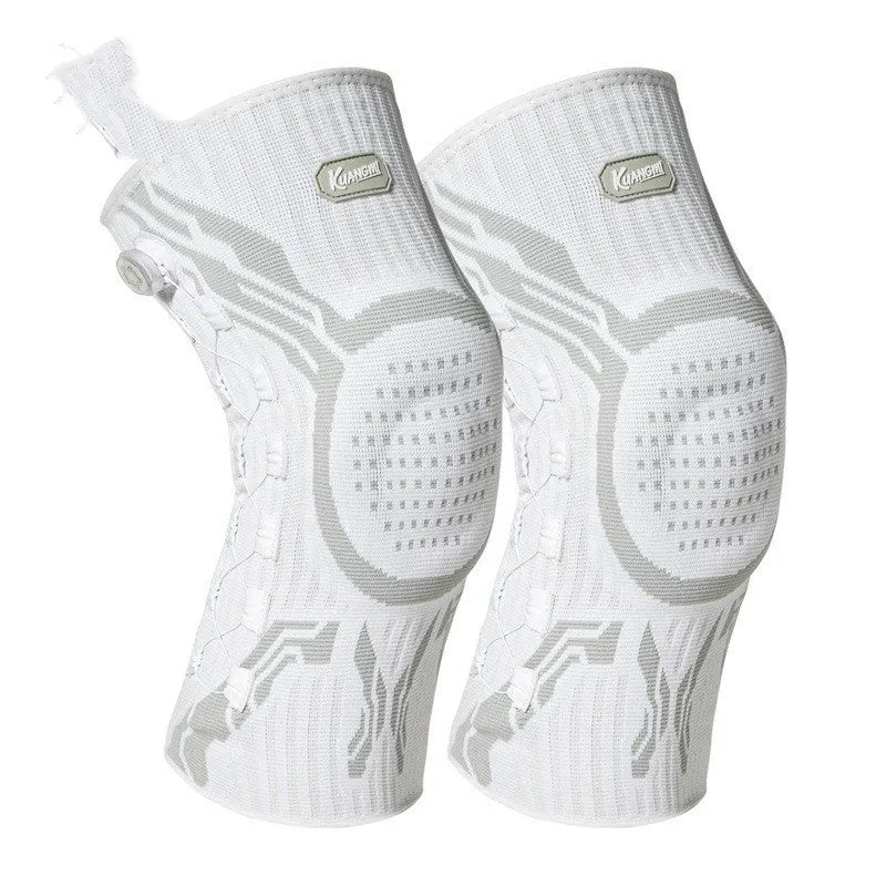 Grey and white sports kneepad for left or right knee, designed for basketball, running, and football.