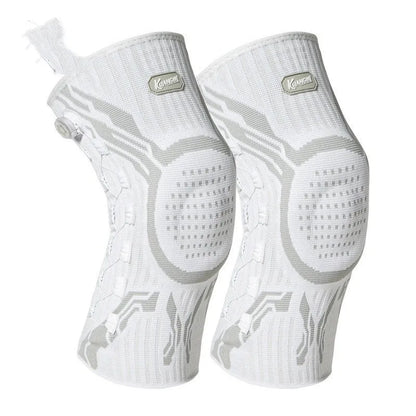 Grey and white sports kneepad for left or right knee, designed for basketball, running, and football.