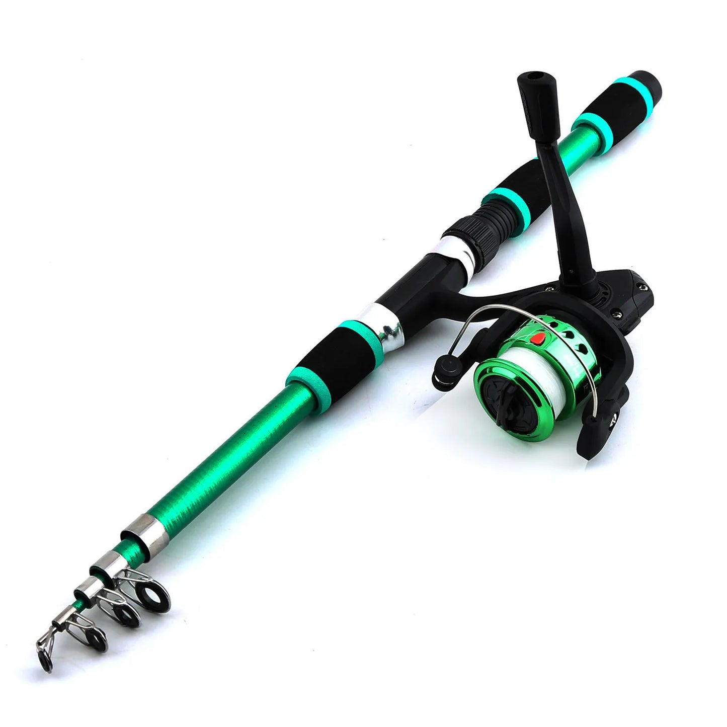 Children's fishing rod suit with pole and wheel reel in blue, green, red or yellow colours with bait accessories