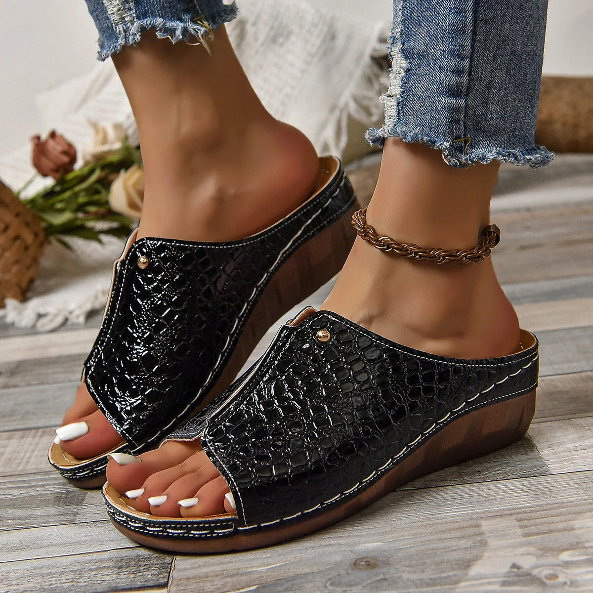 Stylish crocodile-embossed wedge sandals for women in various colors and sizes