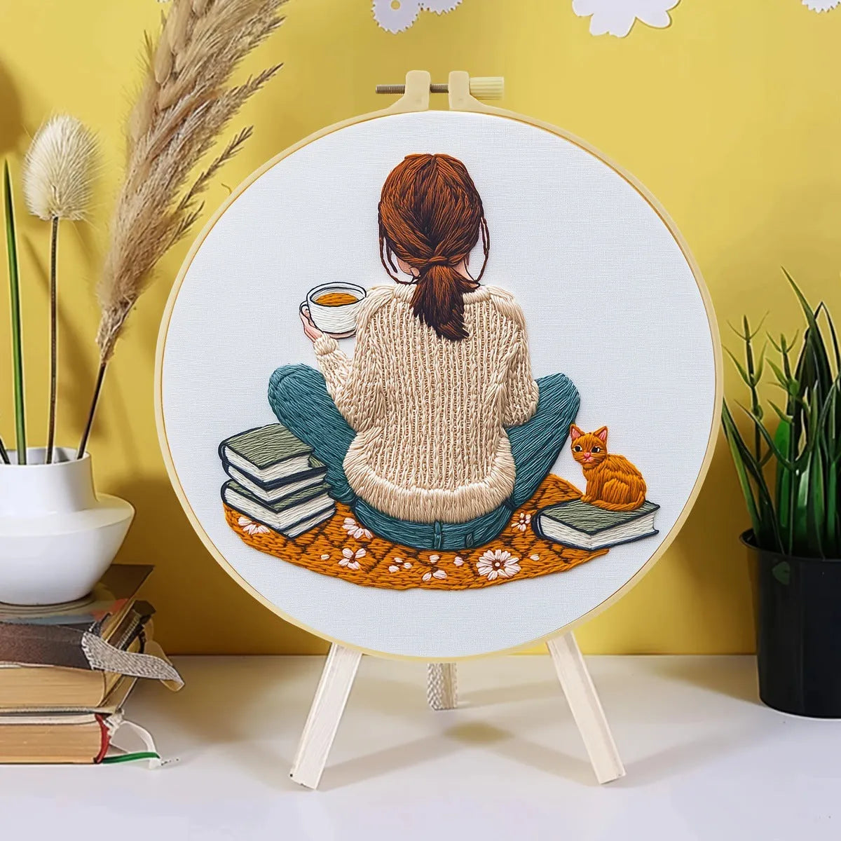 Embroidery kit with sunflower, egg and flower design in colourful embroidery suit colour scheme