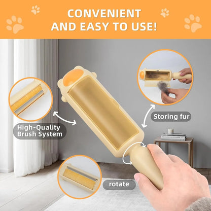 Pet hair remover tool in blue, pink, or yellow with self-cleaning base for removing dog and cat fur from furniture