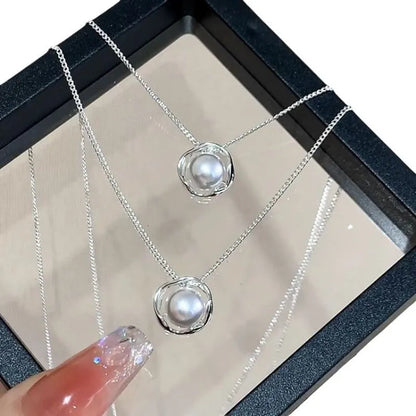 Rose pearl necklace for women with pearl pendant on copper cross chain, geometric circle ring design, 41-50cm