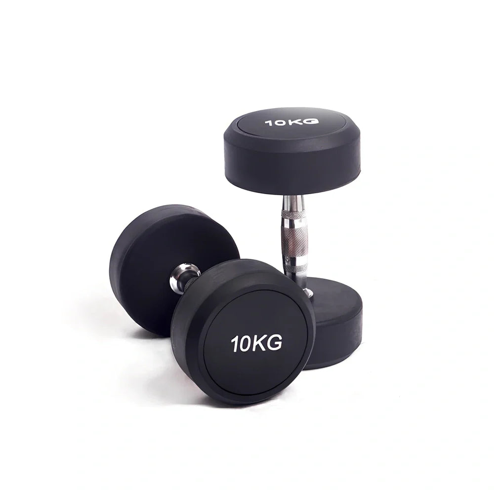 Black rubberized cast iron round head dumbbells, 1kg to 5kg weights for fitness, impact-resistant coating