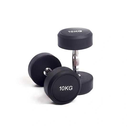 Black rubberized cast iron round head dumbbells, 1kg to 5kg weights for fitness, impact-resistant coating