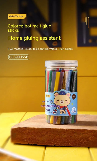 Pack of 55 clear hot melt glue sticks with 7.0mm diameter next to a glue gun