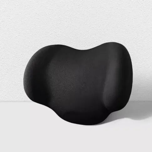 Black memory cotton car headrest cushion and matching lumbar back support placed on a grey car seat.