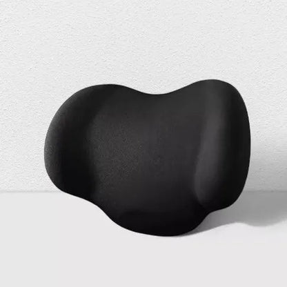 Black memory cotton car headrest cushion and matching lumbar back support placed on a grey car seat.