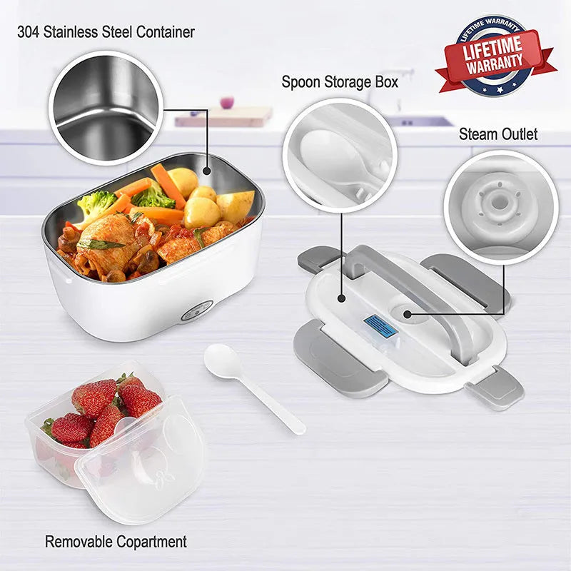 Grey dual-voltage electric lunch box with stainless steel inner tank for car and home use