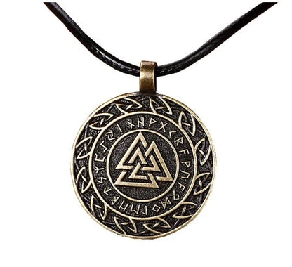 Handcrafted Valknut symbol pendant and chain in circular horn, a unique Norse mythology jewellery piece.