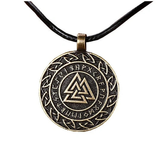 Handcrafted Valknut symbol pendant and chain in circular horn, a unique Norse mythology jewellery piece.