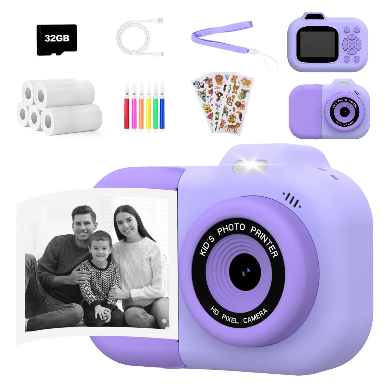Children's plastic camera in pink, blue or purple with video recording and photography functions