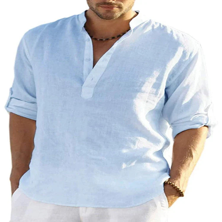 Stylish men's linen shirt with stand collar in various colours and sizes