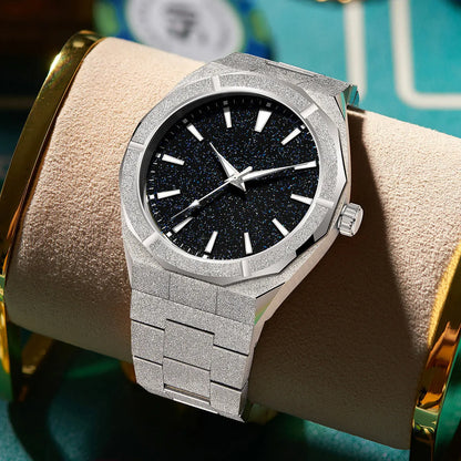 Men's frosted stainless steel business watch with luminous hands on a black dial.