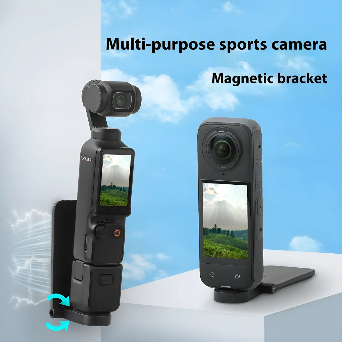 Black magnetic bracket base and handle accessory for an Insta360 X4 camera on a desktop.